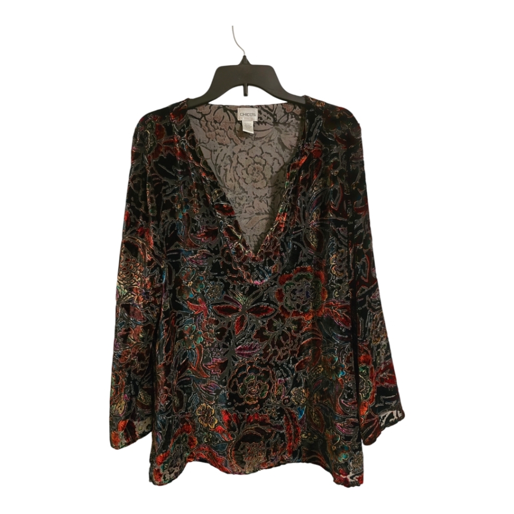 Chico's Black Multicolor Velvet Burnout V-Neck Tunic